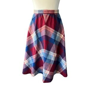 VTG 70s wool plaid aline red blue paddle saddle skirt made USA waist 25” small